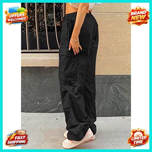 Y2K Parachute Cargo Pants Drawstring Low Rise Loose Sweatpants Baggy Trousers - Picture 2 of 7